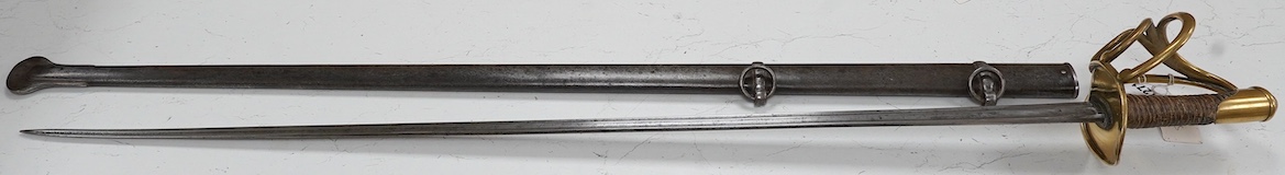 An 1854 French Curassier’s heavy cavalry trooper’s back sword with double fullered blade in its steel scabbard, blade 98cm. Condition - good